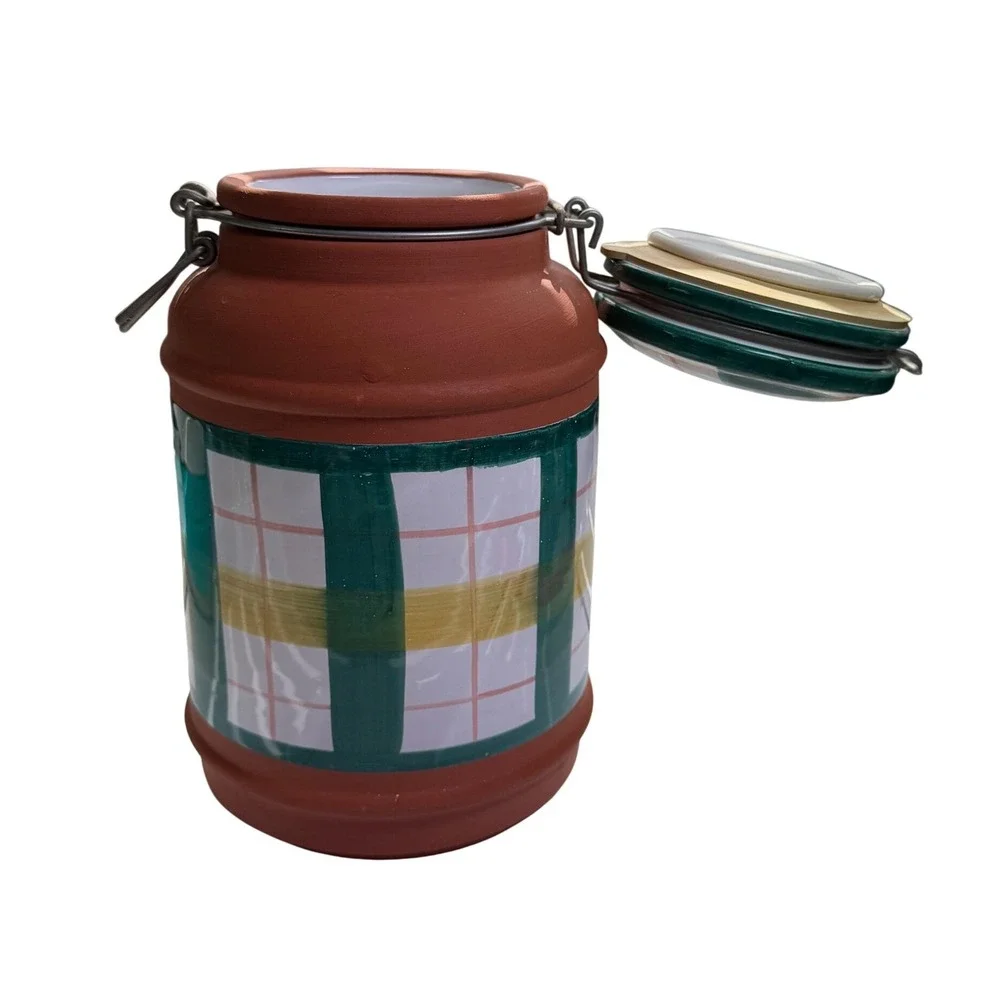 Vintage Pier 1 Imports Hand Painted Italian Ceramic Canister Jar Clamp Lid Italy